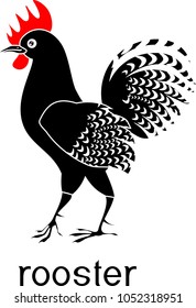 Black rooster with red comb and title