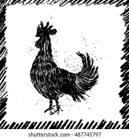 Black rooster in the vintage grunge frame. Happy new year 2017 zodiac. Greeting card. Imitation of hand drawing or painting of rooster silhouette with Chinese calligraphy Ink sticks or India ink.