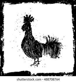 Black rooster in the vintage grunge frame. Happy new year 2017 zodiac. Greeting card. Imitation of hand drawing or painting of rooster silhouette with Chinese calligraphy Ink sticks or India ink.