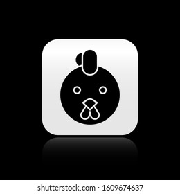 Black Rooster zodiac sign icon isolated on black background. Astrological horoscope collection. Silver square button. Vector Illustration