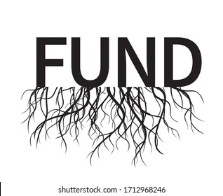 Black Roots Tree and text FUND. Vector outline Illustration. Plant in Garden. 