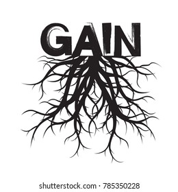 Black Roots Tree and text GAIN. Vector Illustration.