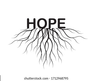 Black Roots Tree and text hope. Vector outline Illustration. Plant in Garden. 