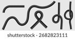 Black rope segments with knot formations isolated on transparent bg for nautical or marine design elements. Twisted cord pieces with loops, curves and braided texture for sailing or climbing equipment