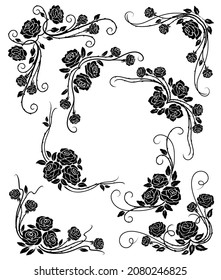 Black rose corners and borders, vintage dividers with scroll and flower buds. Vector flourishes frames, floral embellishment with blossoms, curls and thorns. Elegant isolated retro decor roses