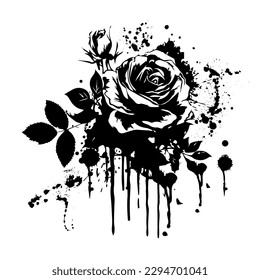 Black rose flower with blots. Graffiti, tattoo. Vector illustration