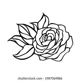 Black rose flower with leaves outline vector silhouette drawing.Vinyl wall sticker decal.Plotter laser cutting.Cut file.Stencil tattoo design.Decor.Decoration.Floral beautiful vintage wedding element.