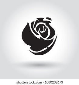 Black rose flower logo isolated on gray background, flora icon figure shadow design, floral silhouette element tattoo.