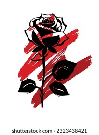 Black rose flower red brush stroke silhouette vector drawing.Floral beautiful wedding element.Stencil tattoo design.Decor.Decoration.Vinyl wall sticker decal.Plotter laser cutting.Beauty logo.DIY cut