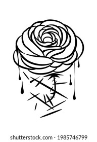 Black rose flower with thorns,drops vector silhouette drawing.Vinyl wall sticker decal.Plotter laser cutting.Cut file.Isolated stencil tattoo design.Decor.Floral decoration element.T shirt print .Icon