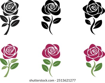Arte vectorial negro de la flor de Rose | Icono de Vector de silueta rosa EPS Illustration 6 en 1 