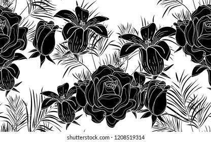 Black rose flowers and kentia leaves pattern. Vector illustration. Botanical seamless wallpaper. Digital nature art. Cartoon style sketch. White background.