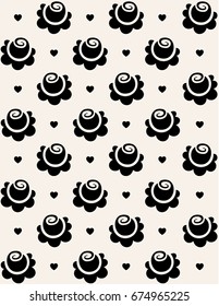 Black rose and heart isolated on white background, seamless floral pattern, raster ornament