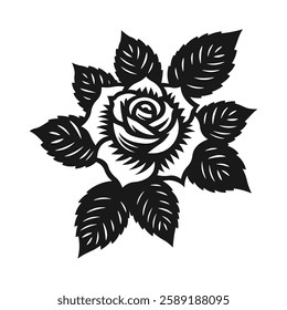 Black Rose with Leaves - Bold Floral Silhouette Illustration