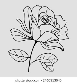 Schwarze Rosenkontur mit Blättern Vektorillustration