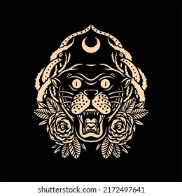 black rose panther tattoo vector design