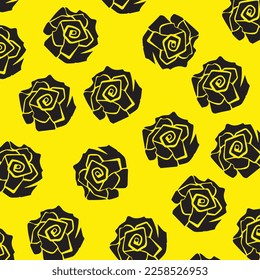 Black rose pattern vector illustration isolated on square yellow background for social media template cover, paper and scarf textile print, poster, brochure, wrapping paper and backdrop.