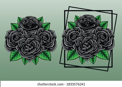 Black Rose Premium Vector Illustration with Green Leaf