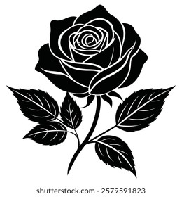 Black rose silhouette with detailed petals - A black silhouette of a blooming rose with detailed petals and leaves, ideal for tattoos, logos, or decorative design elements.  