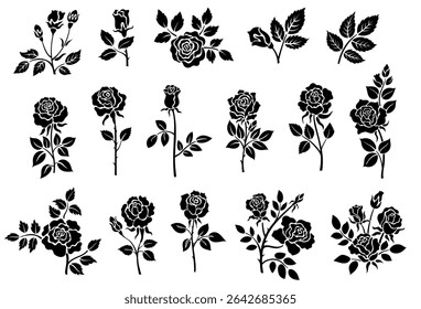 Silhueta de rosa preta. Elementos de tatuagem floral, ícones de flor de flores de rosas abstratas, botânica rosa planta folha broto tronco ícones para design de tatuagem. Conjunto isolado do vetor.