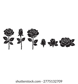 Black Rose Silhouette Set — 6 Elegant Rose and Rosebud Stems with Leaves for Wedding Design, Romantic Floral Branding, Valentine Art, and Botanical Decoration