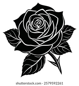 Black rose silhouette with sharp thorns - A black silhouette of a detailed blooming rose with sharp thorns and leaves, perfect for tattoos, logos, and artistic designs.  
