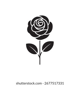 "Black rose silhouette vector illustration. Minimal floral design with stem and leaves, perfect for logos, tattoos, greeting cards, wedding invitations, romantic decoration, and Valentine’s Day themes