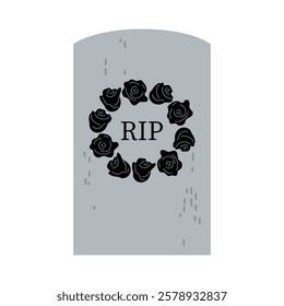 Black roses adorn a grave marker with RIP inscription in a somber setting