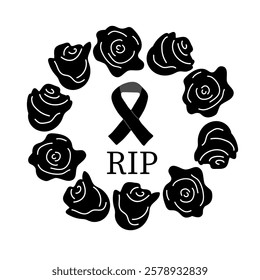 Black roses arranged in a circle with RIP text and a ribbon symbolizing remembrance