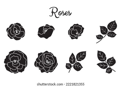 Black roses color set collection. Rose flowers with leaves isolated on white background. Vector colored elements illustration for happy Valentines day and wedding postcards