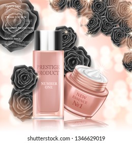 Black roses and cosmetic product. Cream and natural liquid for your body.