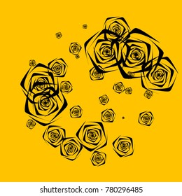 Black roses of different sizes on a yellow background. Flowers. Beautiful background of black roses. Vector illustration. Placer of flowers. Vector drawing of roses.