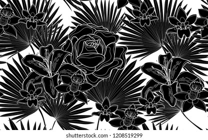 Black roses flowers and palm leaves pattern. Vector illustration. Botanical seamless wallpaper. Digital nature art. Cartoon style sketch. White background.