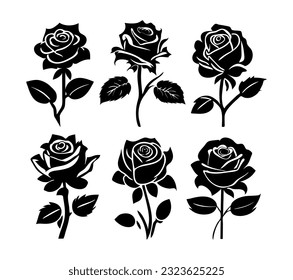 Black roses flowers silhouette set vector drawing isolate on white.Floral beautiful wedding element.Stencil tattoo design.Decor.Decoration.Plotter laser cutting.Beauty salon logo.DIY cut cricut icon