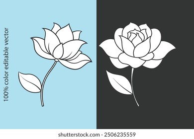 Conjunto de silueta de flores de rosas negras Vector icono logo drawing.Floral hermoso elemento de la boda.Stencil diseño del tatuaje.