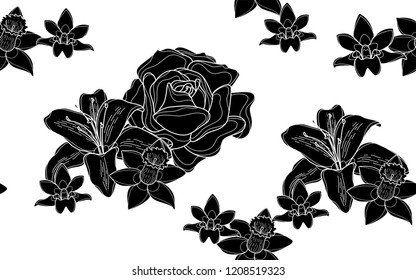 Black roses and hawaiian flowers pattern. Vector illustration. Botanical seamless wallpaper. Digital nature art. Cartoon style sketch. White background.