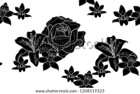 Black roses and hawaiian flowers pattern. Vector illustration. Botanical seamless wallpaper. Digital nature art. Cartoon style sketch. White background.