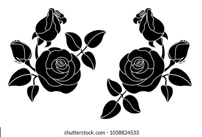 Black Roses with Leaves on White Background, Vector Design