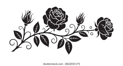 Black roses on a long stem with leaves and buds, elegant floral design element, vector silhuette illustration.