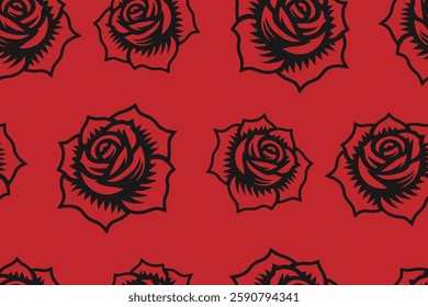 Black Roses on Red Background Seamless Vector Pattern