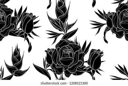 Black roses pattern. Vector illustration. Botanical seamless wallpaper. Digital nature art. Cartoon style sketch. White background.