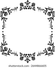 Black roses round frame. An elegant decor with flowers and thorns. For book covers, invitations, greetings, and posters. Medieval, victorian style or castlecore