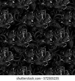 Black roses seamless pattern. Floral baroque background with elegance  abstract 3d flowers, scroll leaves and antique  ornaments. Vector flowery luxury wallpaper. Flourish fabric  texture.	