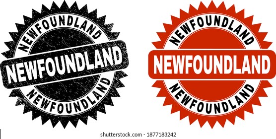 Sello de foca NEWFOUNDLAND de rosette negro. Sello vectorial plano texturizado con texto NEWFOUNDLAND dentro de rosette nítida, y versión limpia original. Impresión con estilo corroído.