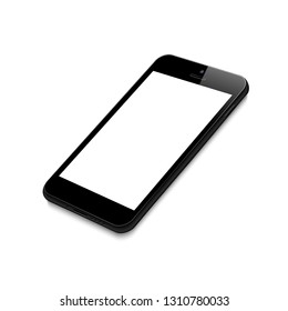 Black rotated smartphone on white background. Mock up phone with blank screen.