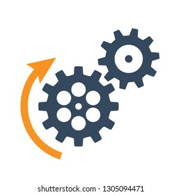 black rotating cogwheels icon with arrow. Flat design vector element.