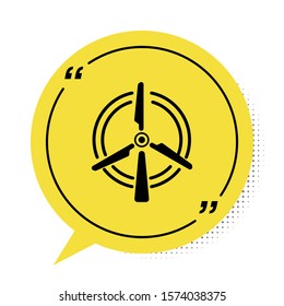 Black Rotating wind turbine icon isolated on white background. Wind generator sign. Windmill for electric power production. Yellow speech bubble symbol. Vector Illustration