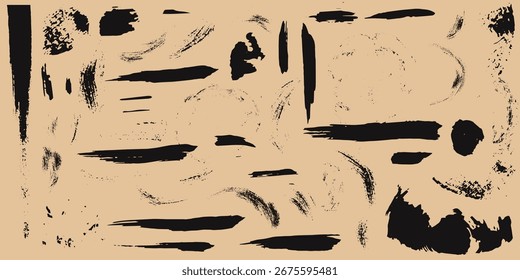 Black rough brushstroke lines and circles collection. Brush drawn ink textured grunge shapes. Calligraphy thick or bold paint lines. Sketchy brush strokes overlay collection. Vector ink illustration.