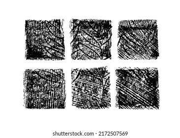 Black rough edge squares collection. Vector black painted rectangular shapes with linear texture. Set of grunge square template backgrounds. Hand drawn charcoal and pencil texture geometric shapes.