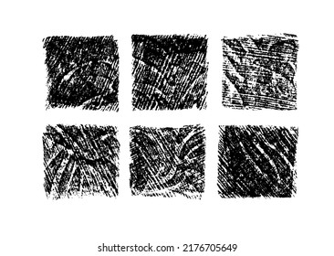 Black rough edge squares collection. Vector black painted rectangular shapes with linear texture. Set of grunge square template backgrounds. Hand drawn charcoal and pencil texture geometric shapes.